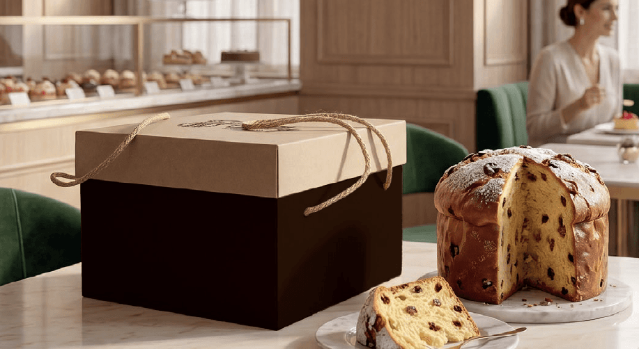 Cappelliera bassa avana e marrone con cordoncino accanto a un panettone