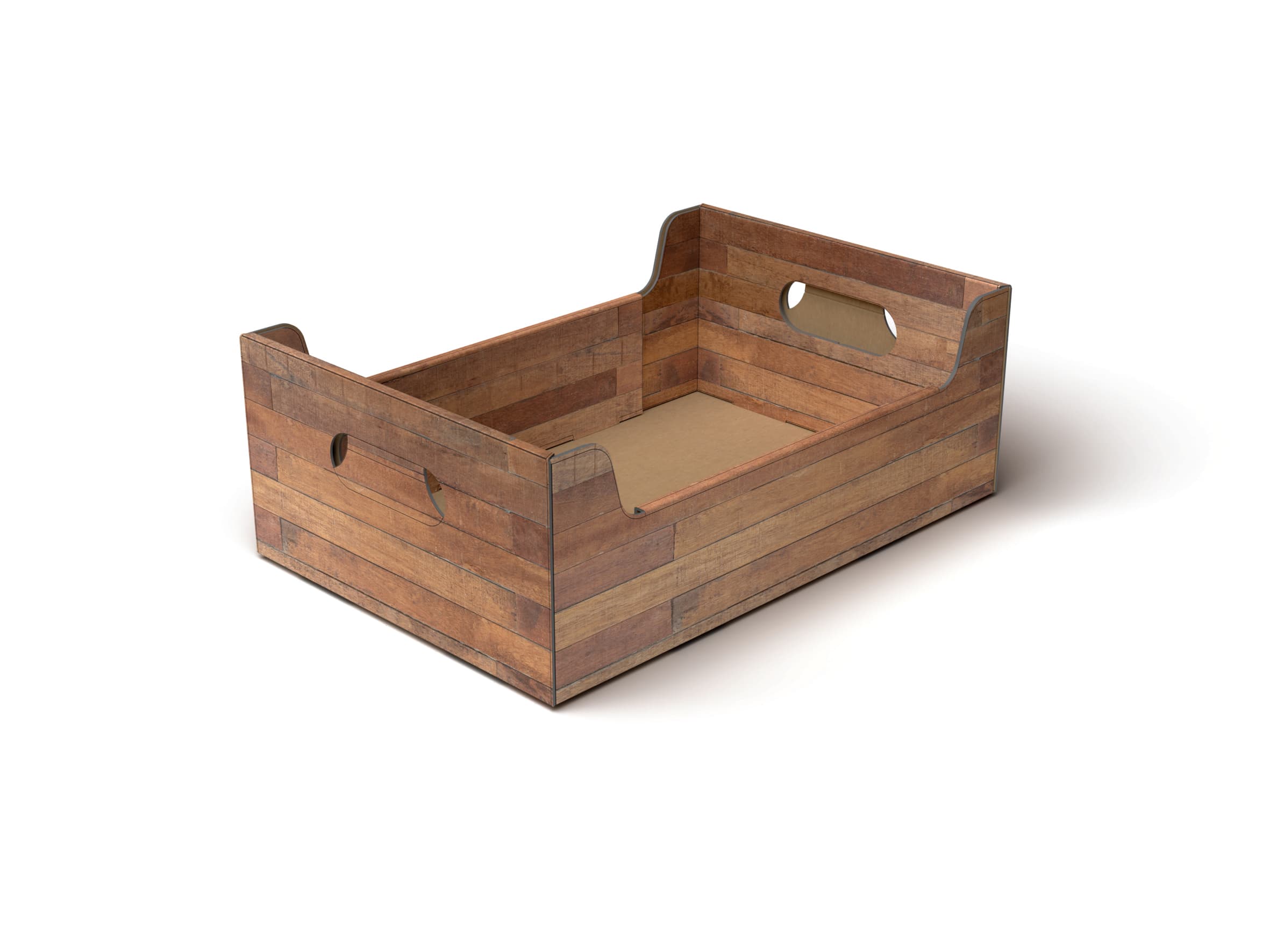 Cesta in cartone con stampa effetto legno e maniglie laterali