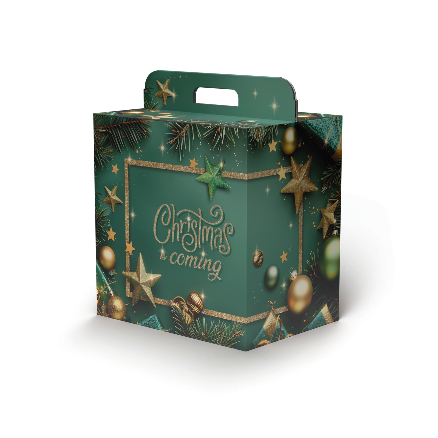 Scatola regalo verde Christmas is coming con stelle dorate e maniglia